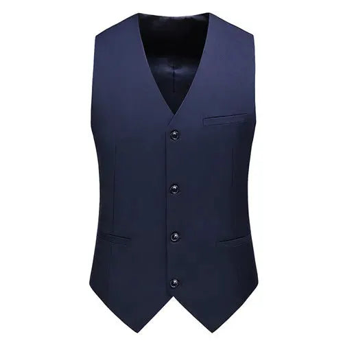 Royal blue slim-fit men's vest waistcoat with V-neck, five-button front and welt pockets