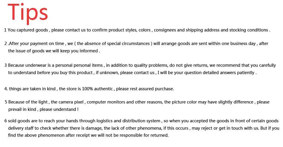 Womens underwear policies tips page detailing shipping, payments, and returns.
