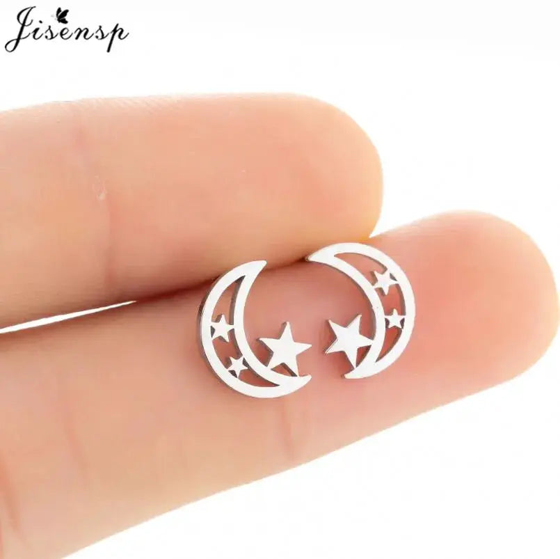 Stainless steel double crescent moon stud earrings with star cutouts, pair