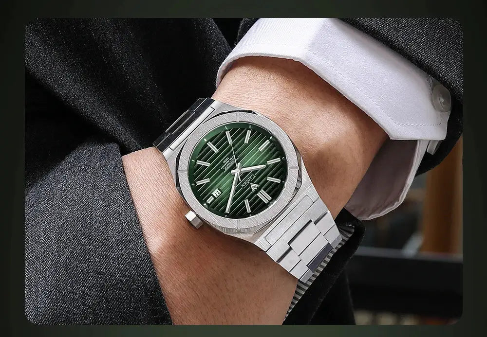 CADISEN diver watch with green striped dial, stainless steel bracelet, automatic Miyota 8215, 10 Bar water resistance