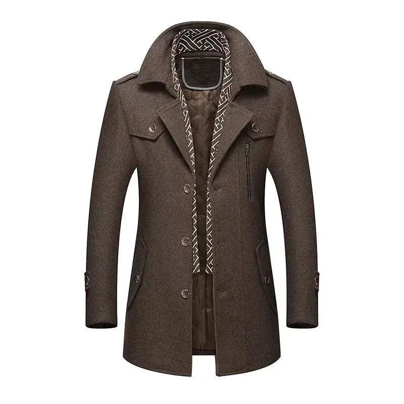 Simples Market men's brown wool coat, mid-length trench style with scarf collar and patterned inner lining