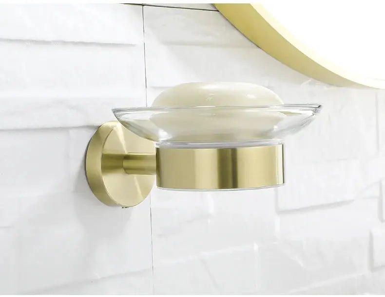 Soap dish holder, brushed gold wall-mount with glass dish