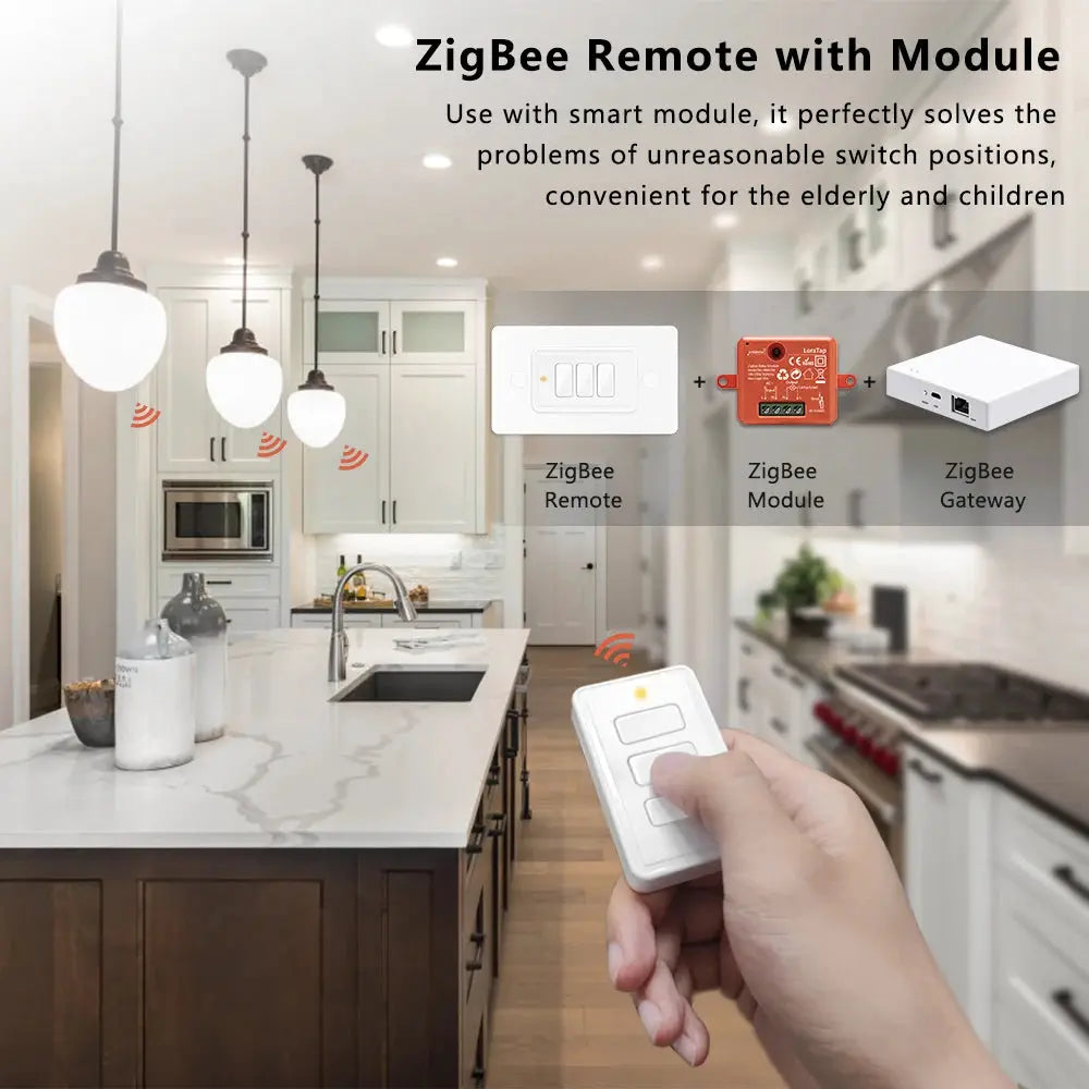 LoraTap ZigBee 3.0 6-button wireless remote with module and gateway in a white kitchen