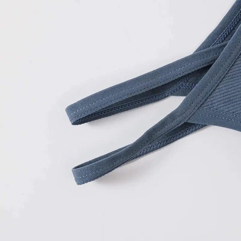 Blue ribbed seamless bralette with U-back design; wireless, no pads