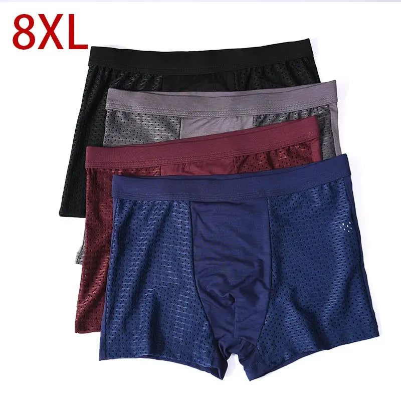 Men's breathable mesh boxers 4-pack in black, gray, burgundy, and royal blue