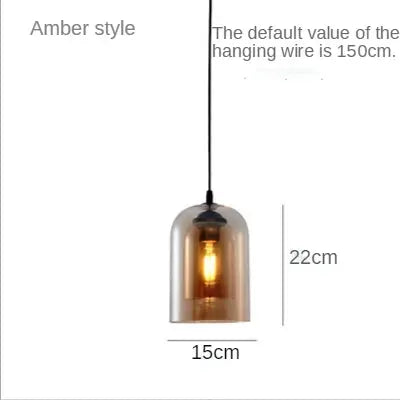 Led pendant lamp amber glass shade with E27 fitting, 22 cm tall, 15 cm wide, 150 cm suspension cord length