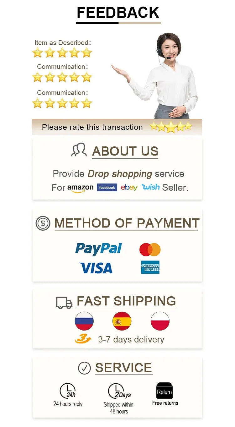 Feedback infographic by Simples Market showing star ratings, about us, payment options, fast shipping, and service icons.