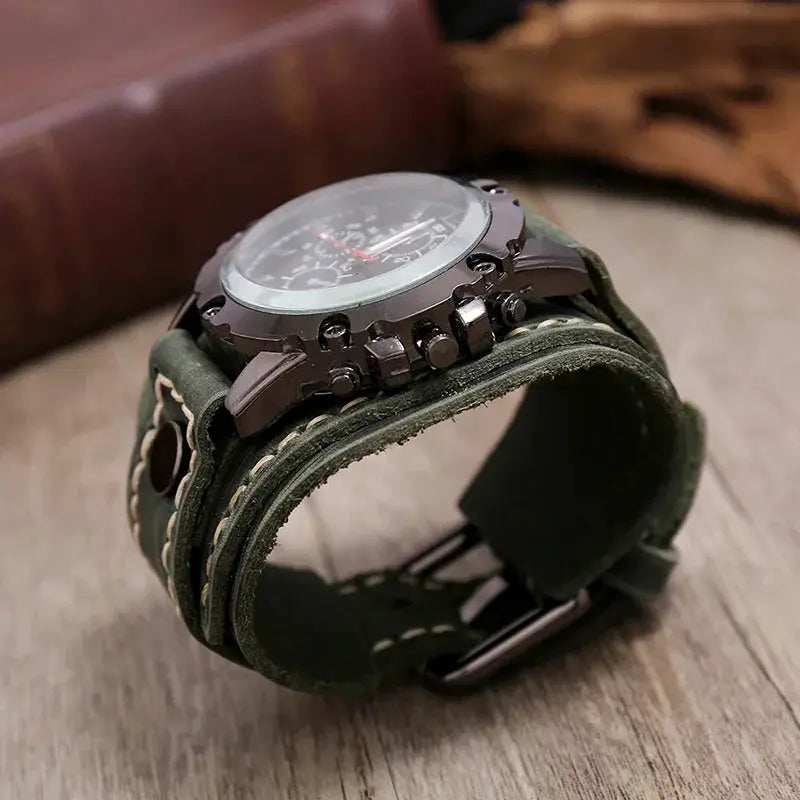 Rogue Punk Style Mens Quartz Watch With Wide Genuine Cowhide Leather Strap And Luminous Dial