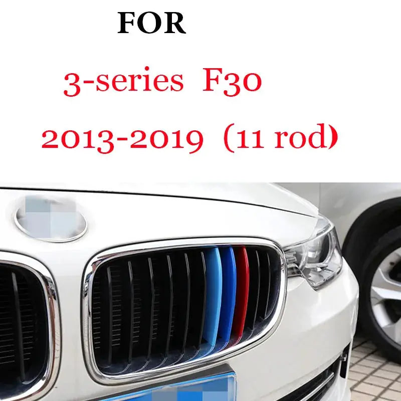 3Pcs Front Grille Trim Strips for BMW 3 Series F30 (2013–2019), blue and red accents, Simples Market