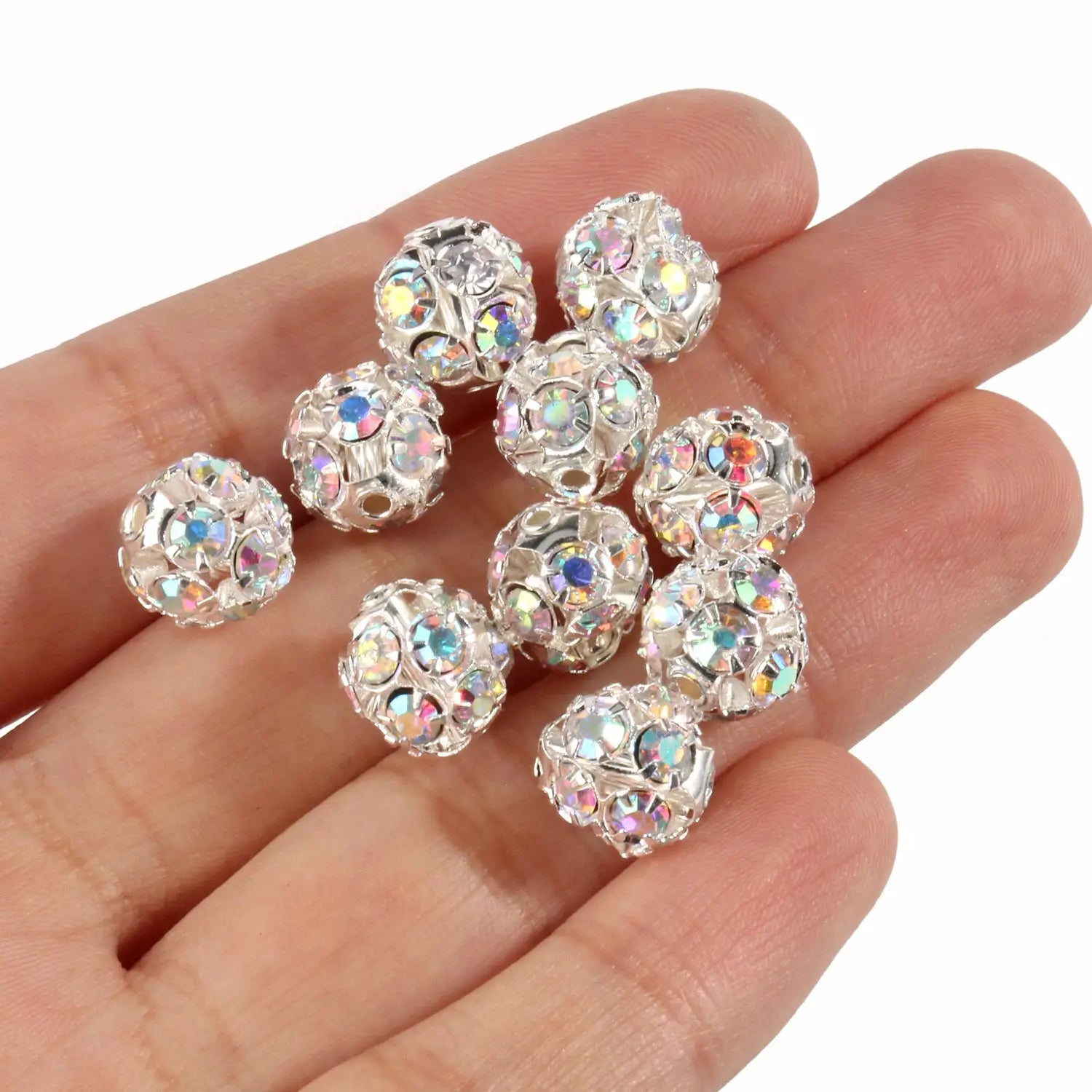 50Pcs AB Color Metal Crystal Beads 6mm 8mm 10mm Rhinestone Ball Shape Loose Beads For Jewelry Making
