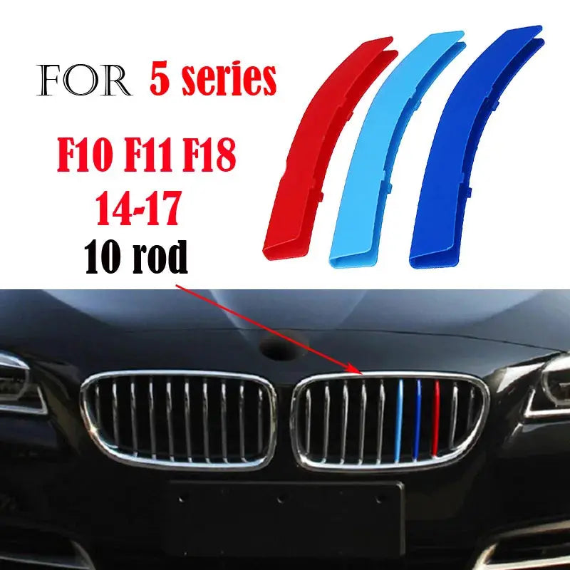 3Pcs BMW front grille trim strips by Simples Market with red and blue accents for multiple BMW models