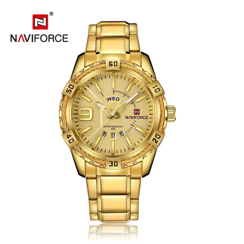 NAVIFORCE gold-tone men's wristwatch with stainless steel band and day-date display