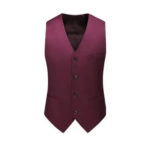 Men's burgundy waistcoat vest, slim-fit V-neck with four front buttons and pockets.