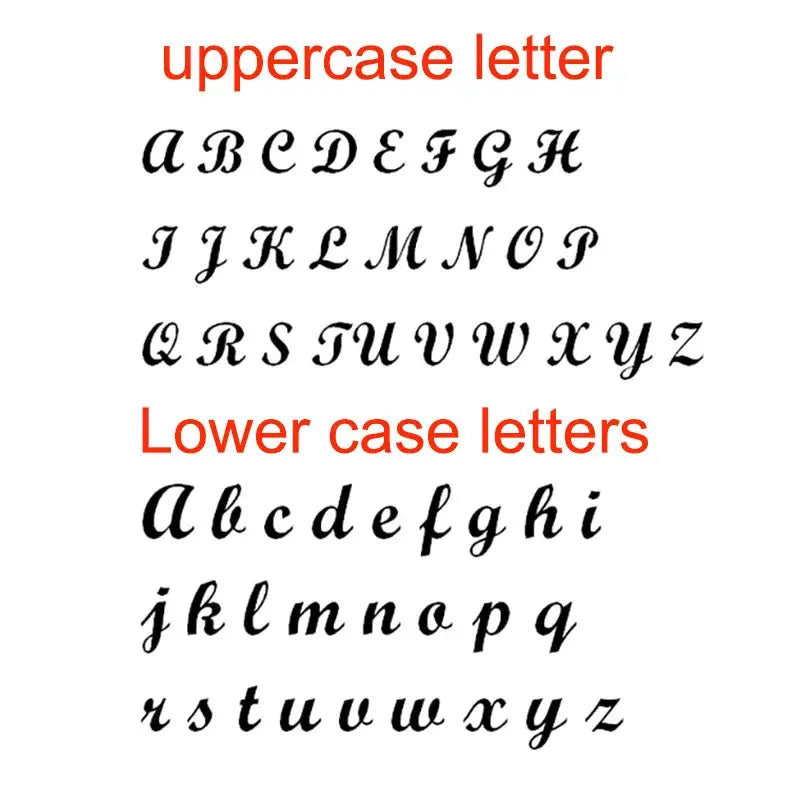 Alphabet letter chart in cursive font showing uppercase and lowercase letters