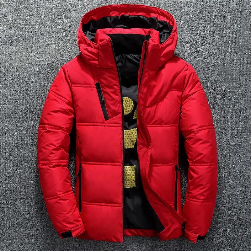 Red men's hooded down jacket with quilted panels, front zip and side pockets