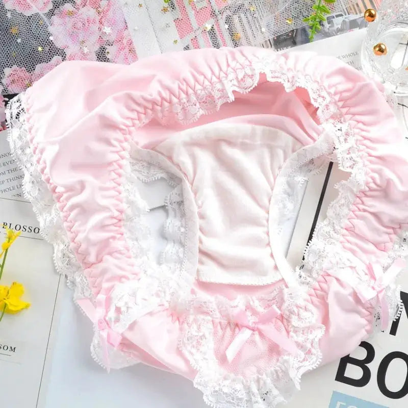 Panties: pink satin with white lace trim and bow, low-rise briefs; Simples Market