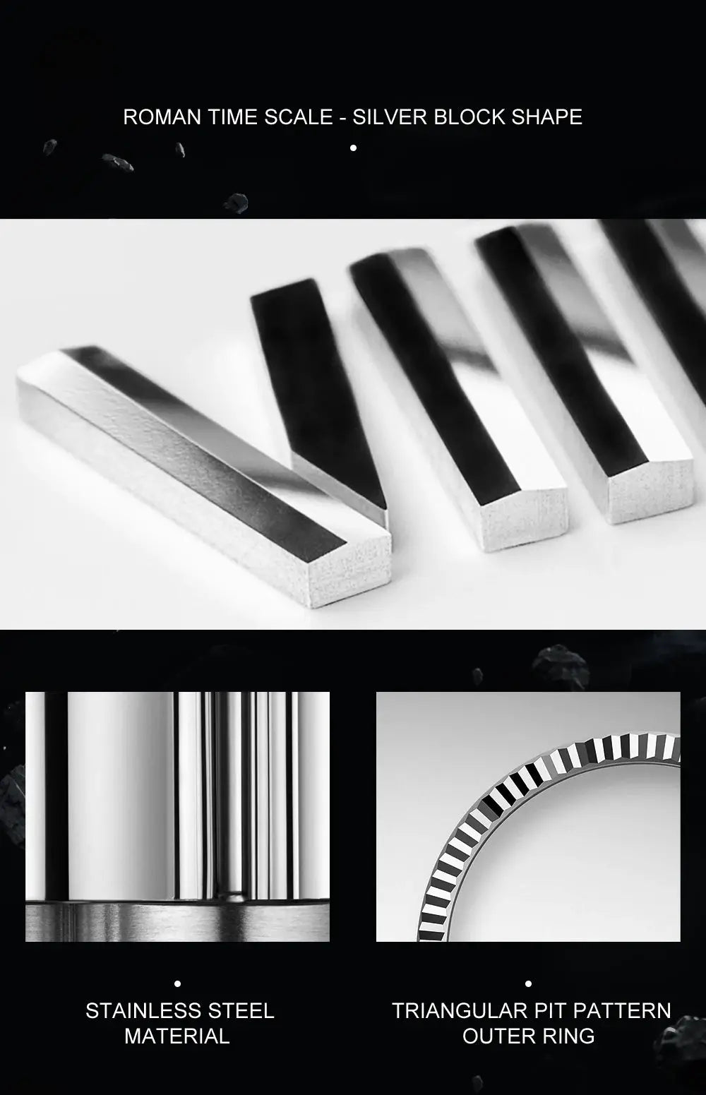Stainless steel watch components: silver rectangular bars and a triangular pit-pattern outer ring