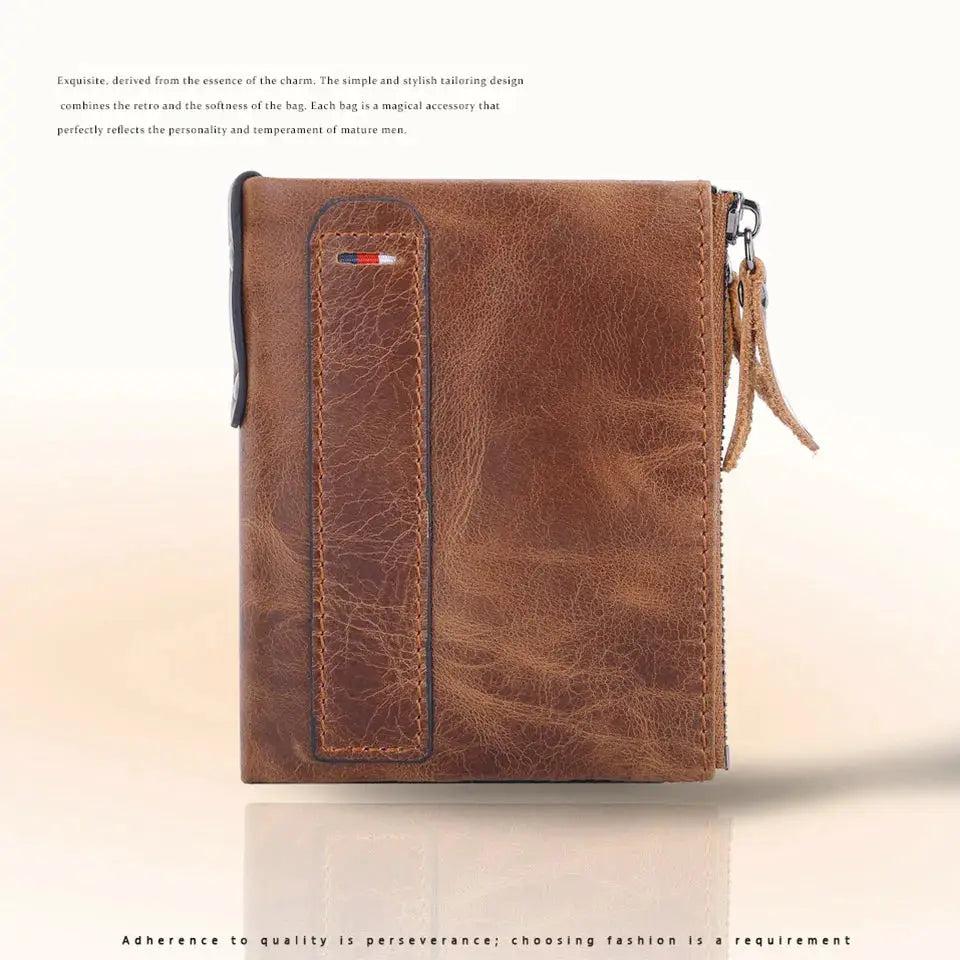Men's brown genuine cow leather short cardholder wallet with zipper pocket