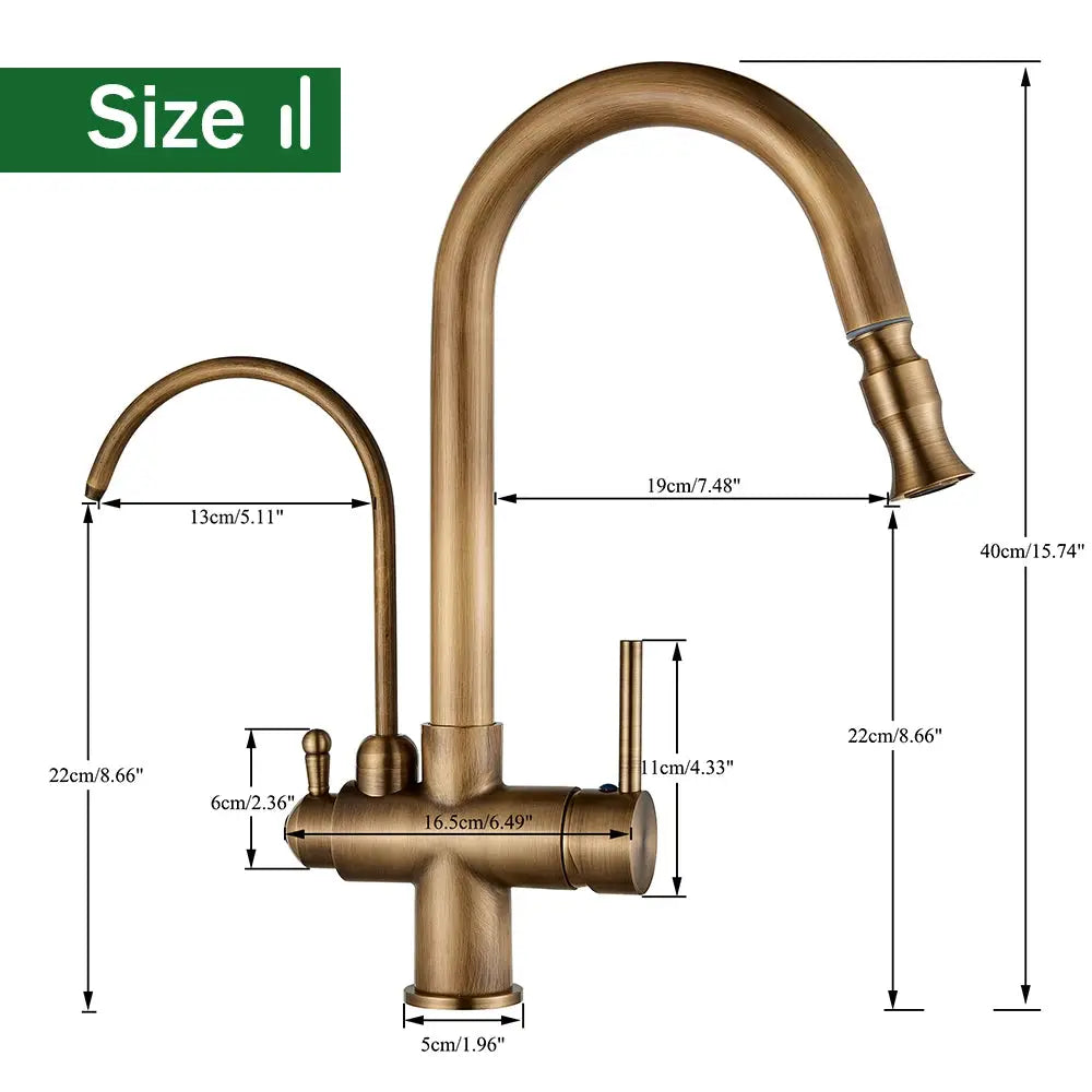 Rozin 2-in-1 antique brass kitchen faucet with pull-out nozzle and dual swivel mixer