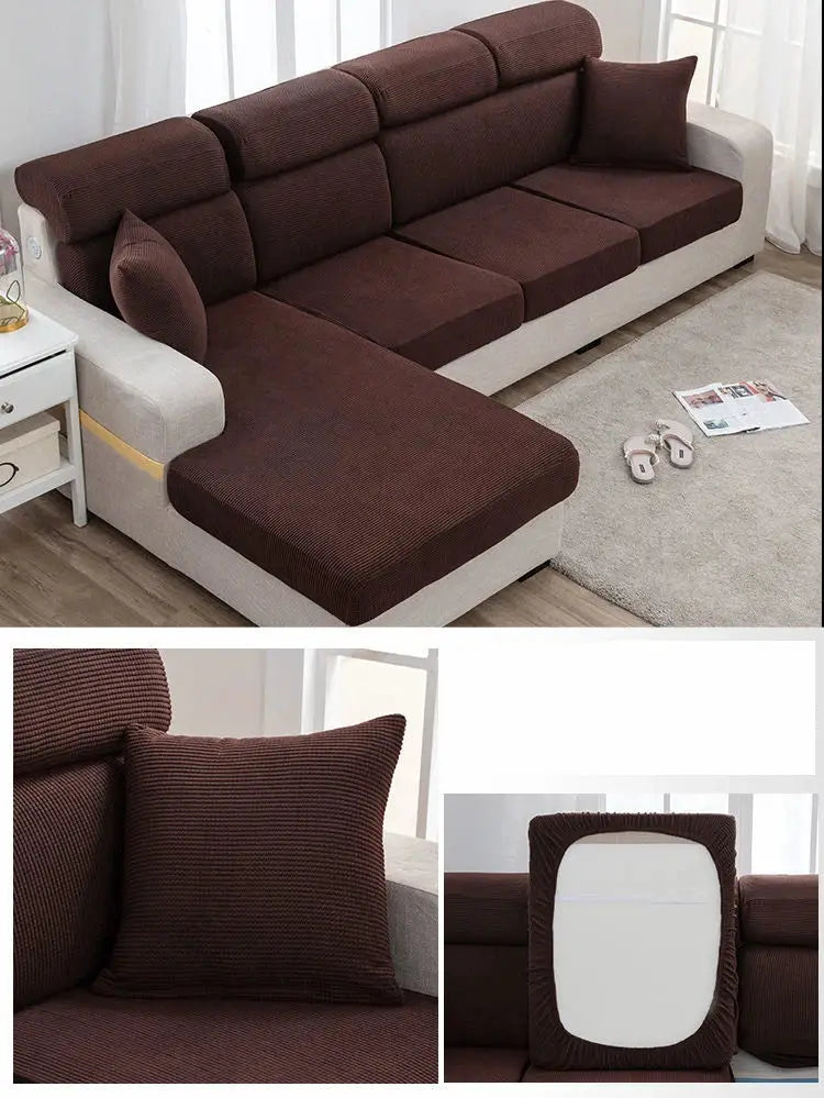 Sofa seat cover in dark brown elastic fabric for beige sectional with chaise, dustproof protective cover
