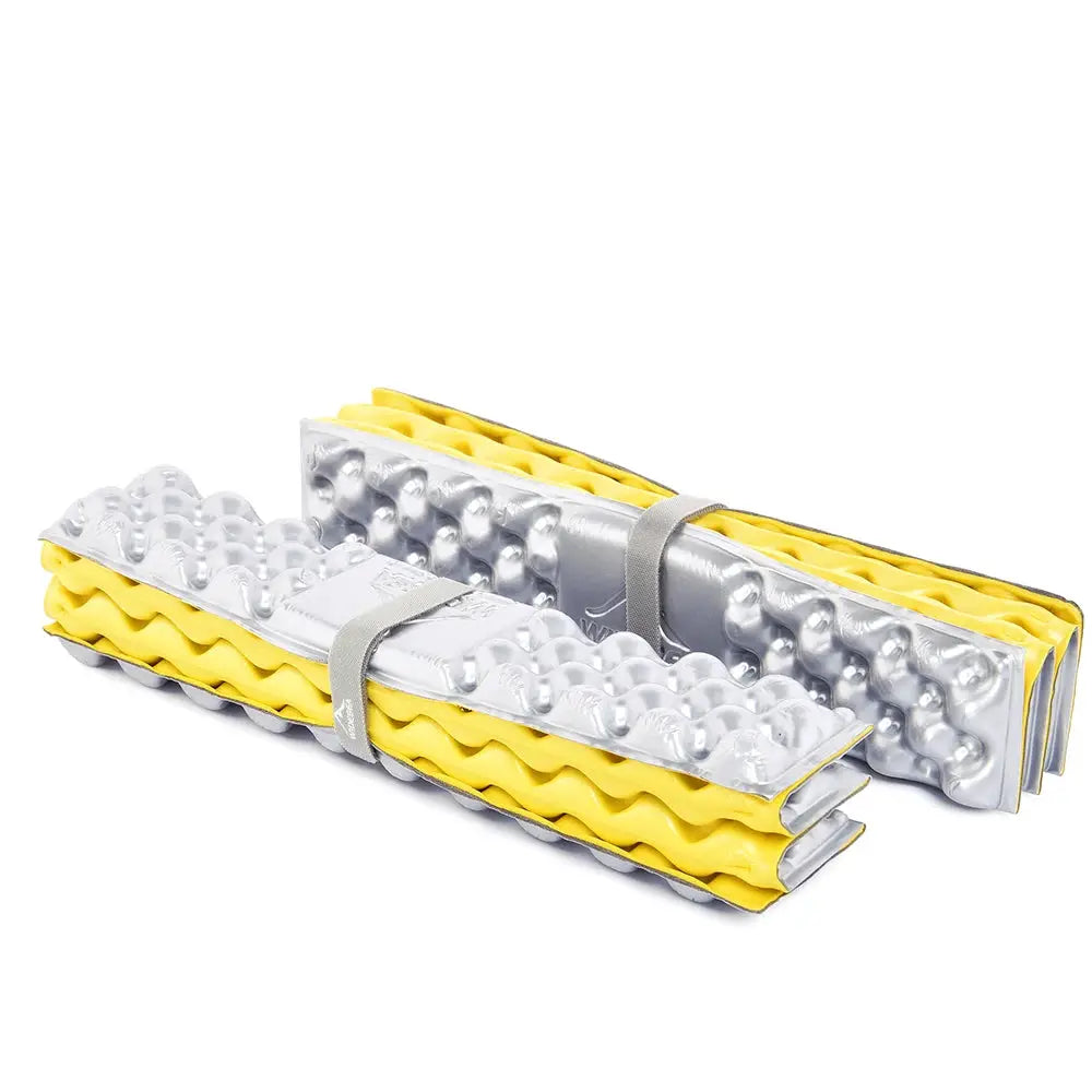 Widesea foldable outdoor mat set by Simples Market; two ultralight XPE foam picnic pads, yellow and silver, waterproof