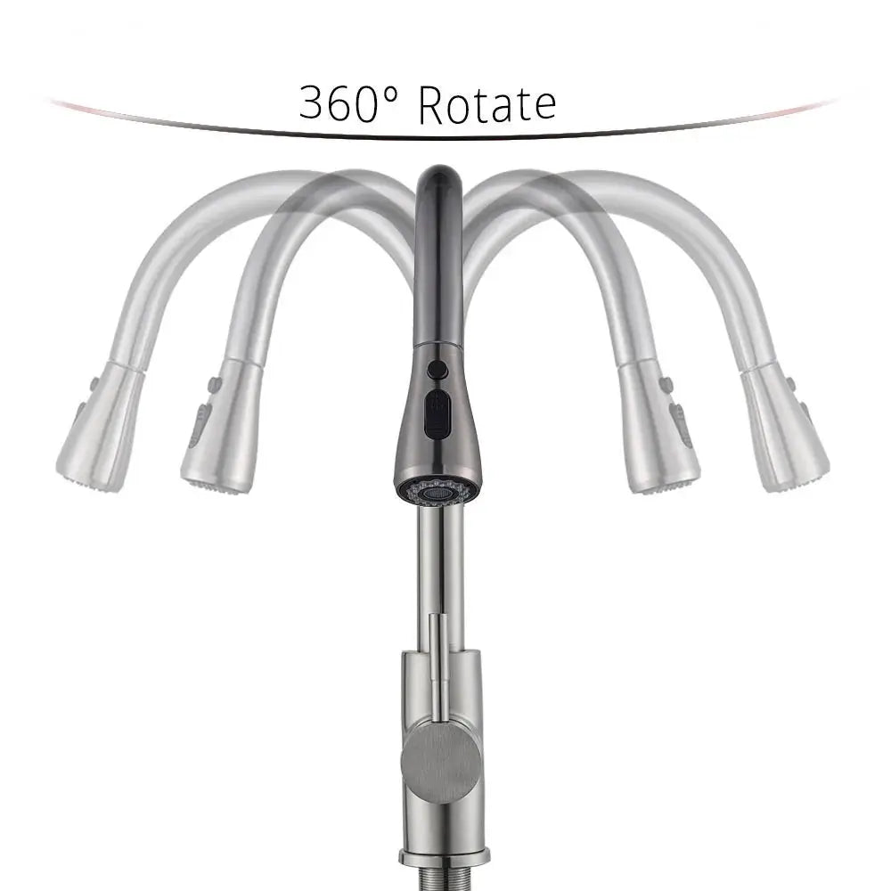 Brushed nickel kitchen faucet with flexible pull-out spray head and five spray arms