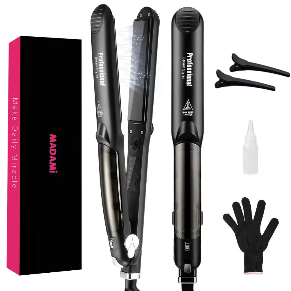 Simples Market steam hair straightener set: two professional ceramic vapor flat irons (450°F) with box, gloves, oil.