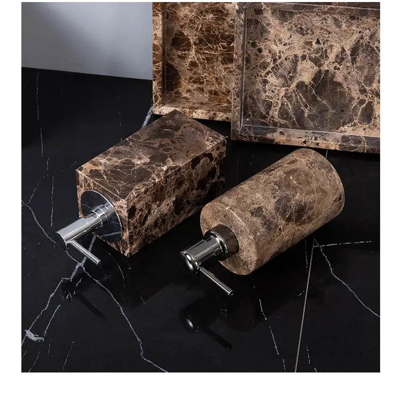 Emperador Dark marble bathroom set by Simples Market; two brown marble soap dispensers with chrome pumps