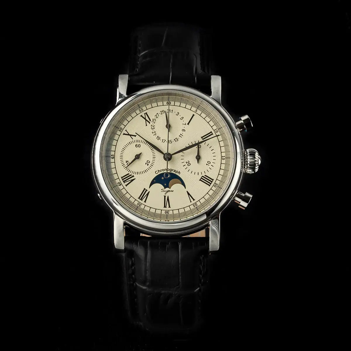 Sugess ST1908 chronograph wristwatch with moonphase, cream dial, Roman numerals, black leather strap