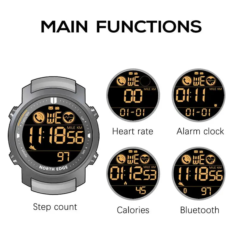 North Edge Men's Digital Watch Military Waterproof 50M Rugged Fitness Tracker With Heart Rate And Pedometer