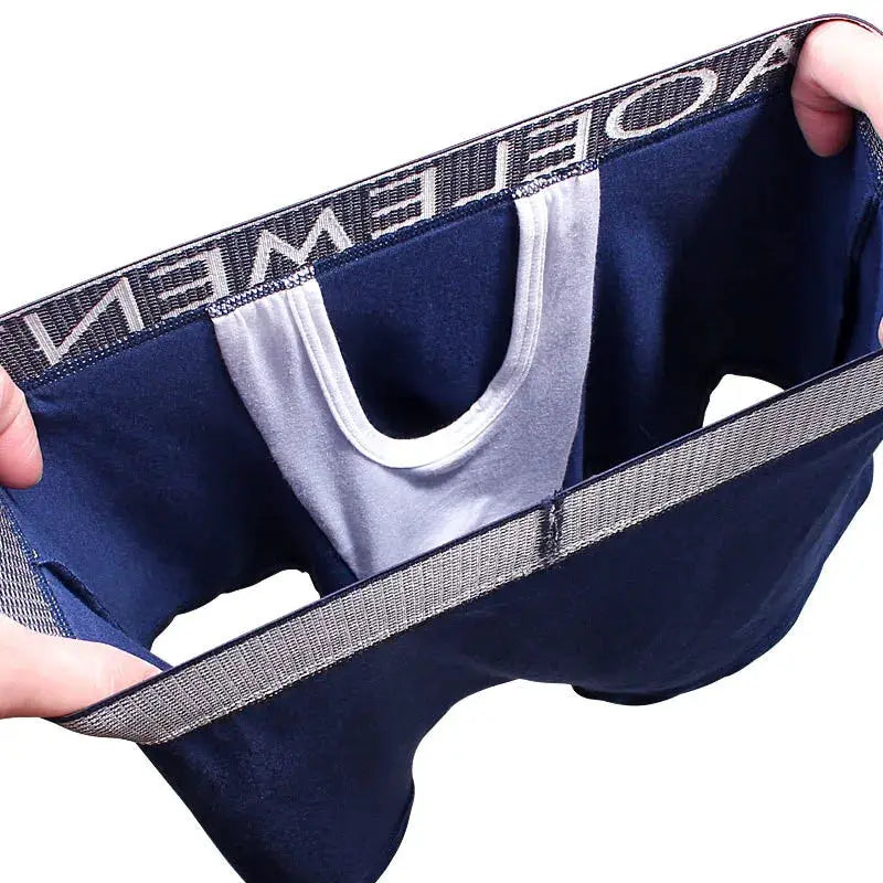 Men's navy blue modal boxer briefs with breathable front bullet-separation pouch.