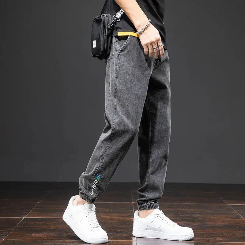 Simples Market men's black blue cargo denim jogger pants, baggy harem-style jeans with elastic cuffs.