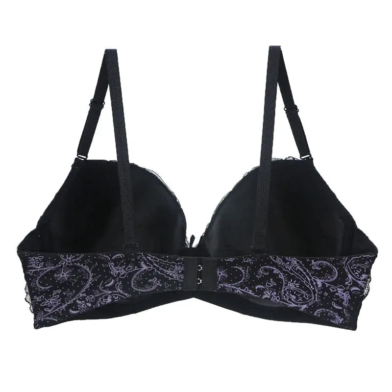 Push-up lace bra by Simples Market, black with purple paisley band and adjustable straps