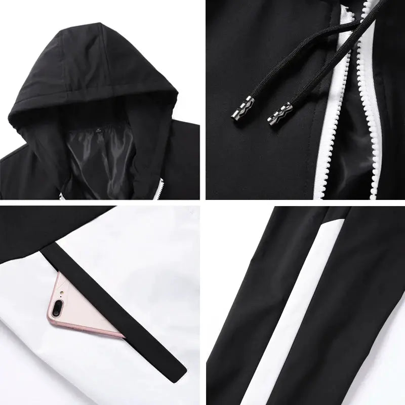 Men's black 2-piece track suit with hooded jacket and white-stripe joggers, Simples Market