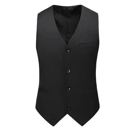 Black waistcoat with V-neck, 5-button front, slim-fit formal wear