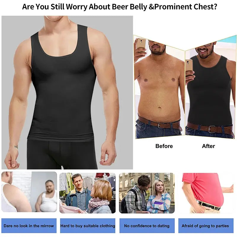 Simples Market men's slimming body shaper compression shirt in black; front view with before/after inset.