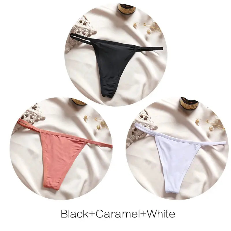 FINETOO 3-piece set of women's low-rise thongs (G-string) in black, caramel, and white
