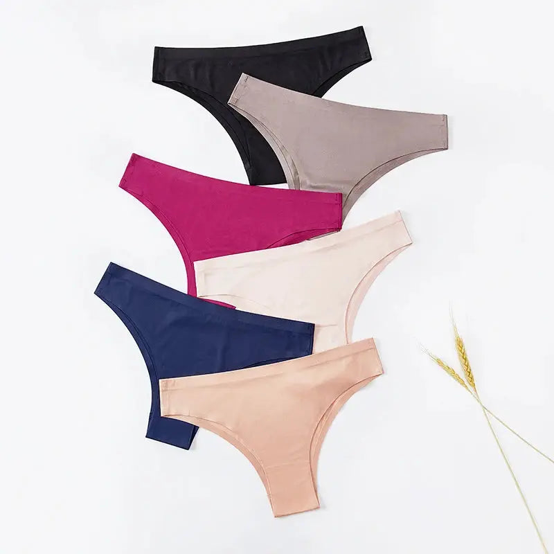 Women's ice silk seamless thong underwear; six-color set in black, taupe, magenta, cream, navy and peach.