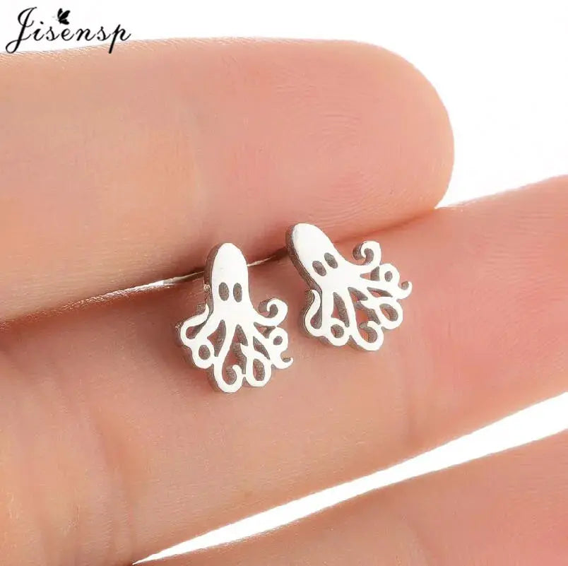 Stainless steel octopus stud earrings, pair in silver-tone metal for women