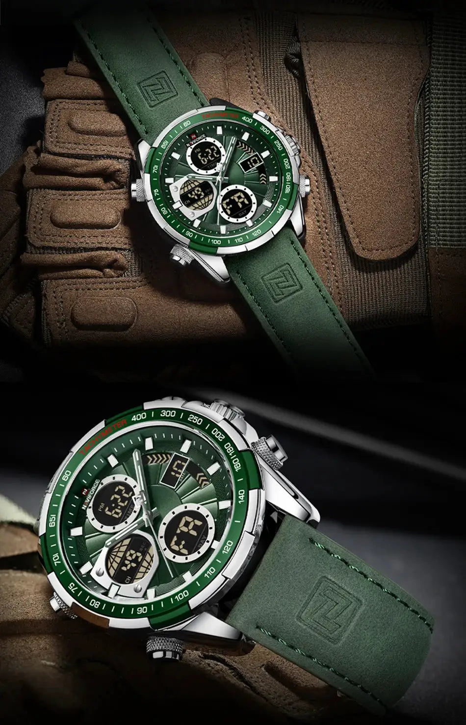 Two NAVIFORCE military-style chronograph watches, green leather strap and green dial, stainless steel case, waterproof