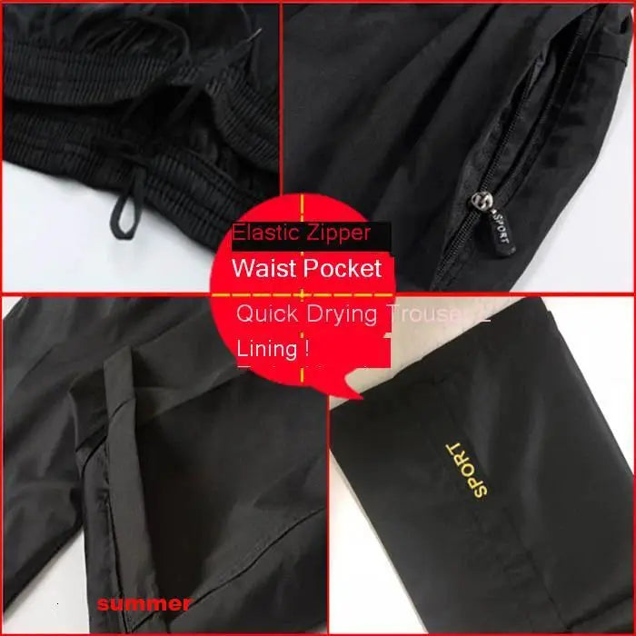 Men's black sweatpants with zippered pocket and drawstring waist, SPORT logo.