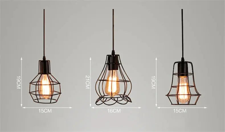 Industrial retro iron art pendant lights, 3-pack with geometric cage frames and warm Edison bulbs in black finish