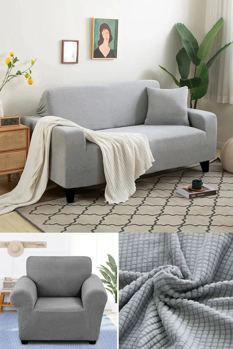 Simples Market thick gray jacquard sofa protector for L-shaped sofa and armchair, two-piece set