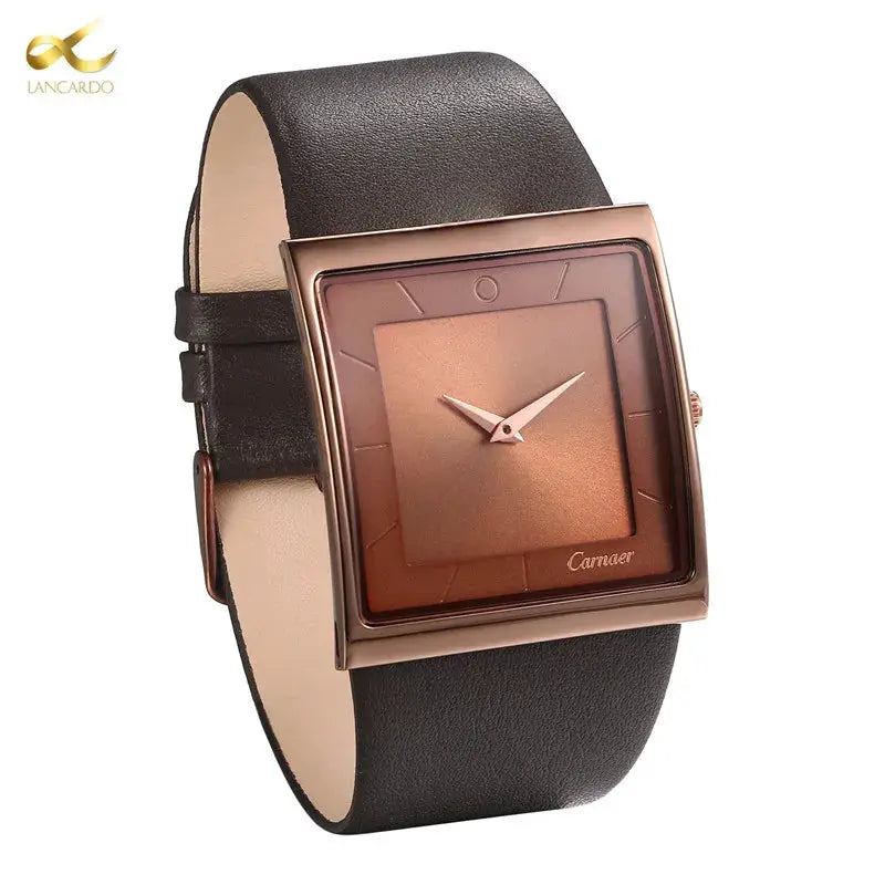 Lancardo men's watch with rose-gold square case, brown dial, black leather strap