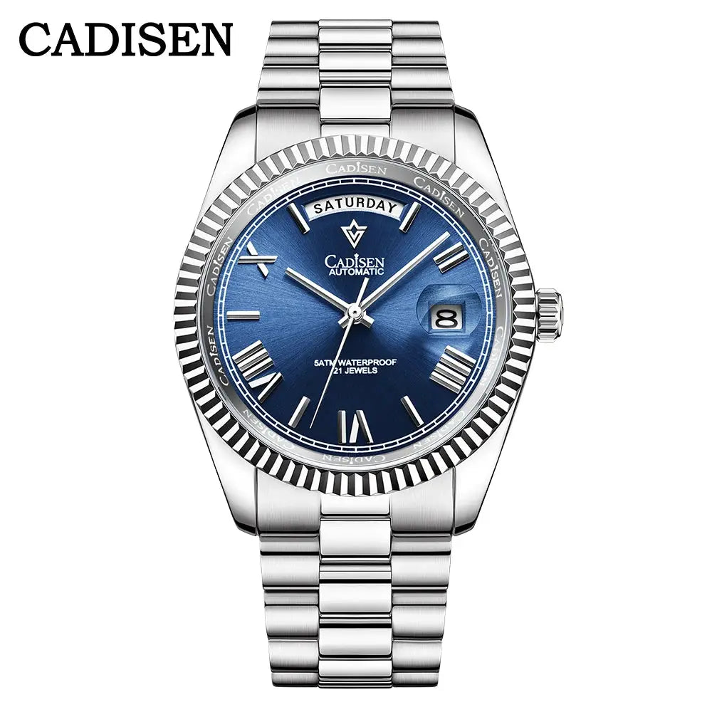 Cadisen men's stainless steel automatic watch with blue dial, day-date window, 100m water resistant, fluted bezel