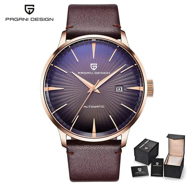 PAGANI DESIGN men's automatic watch with gold-tone case, blue sunburst dial, and brown leather strap