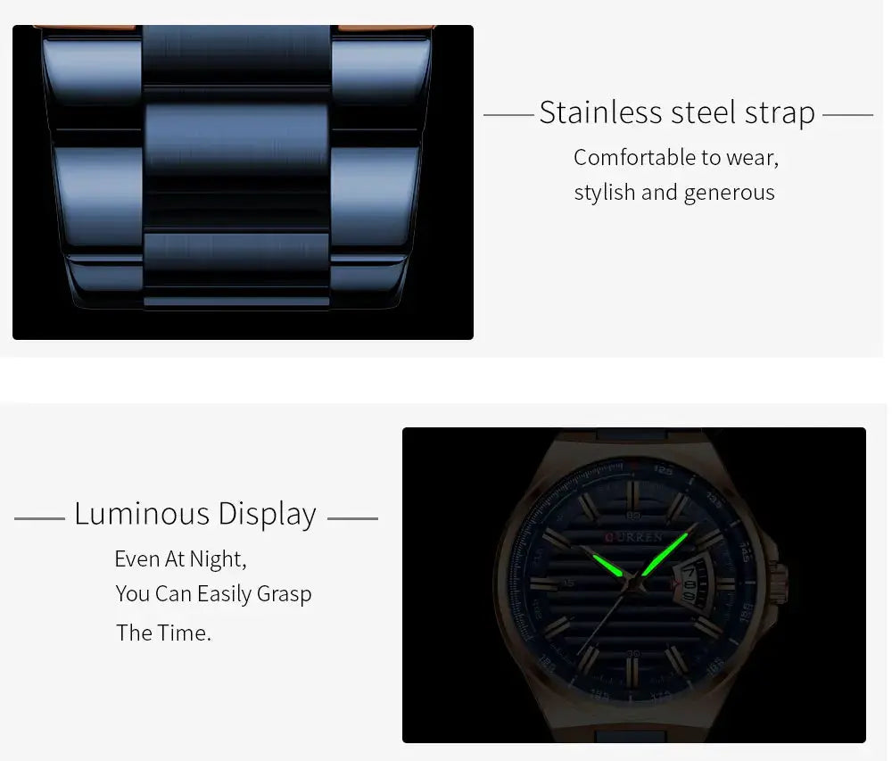 CURREN Man Brand luxury watch with stainless steel band; two views show bracelet links and luminous blue dial