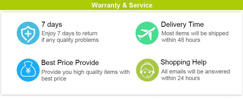 Warranty & Service banner with four circular icons indicating 7-day returns, fast delivery, best price, and shopping help.