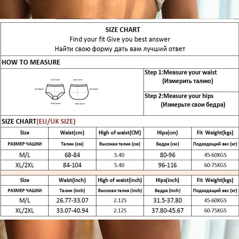 FINETOO 2PCS Set G-String Panties size chart showing waist and hip measurements (M–2XL) by Simples Market