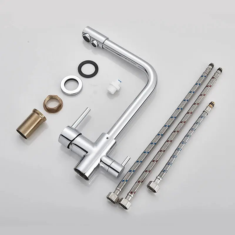 Simples Market chrome kitchen faucet with dual swivel spout, braided hoses, and brass fittings